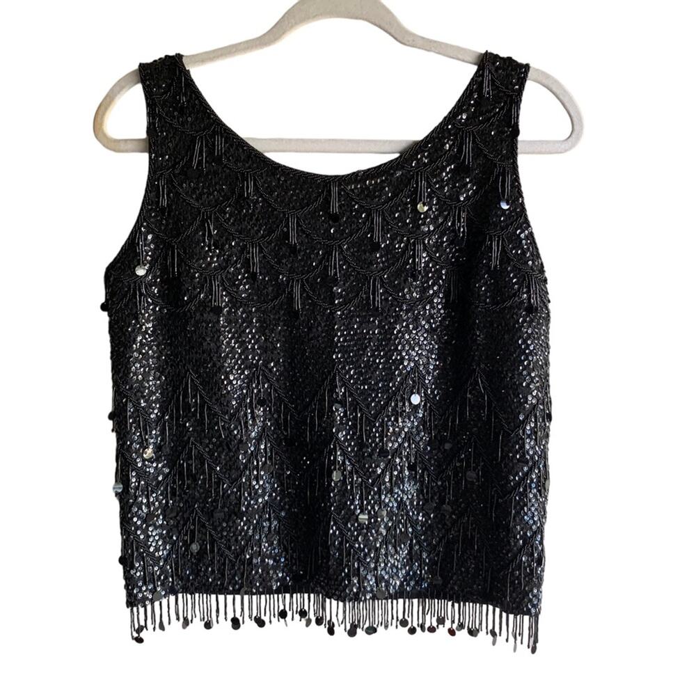 Vintage 100% Wool Beaded Sequin Fringe Tank Top Made in Hong Kong Size Small